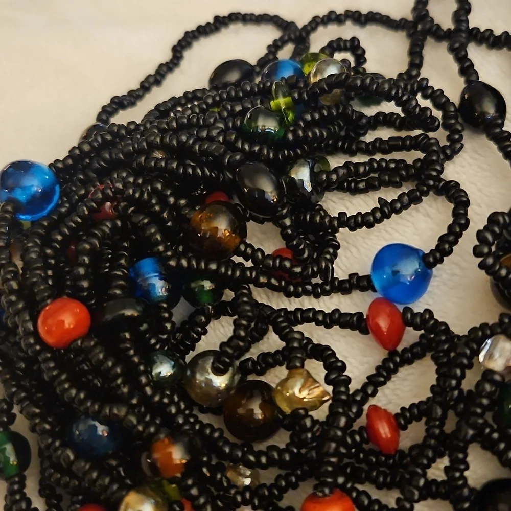 Vintage Indian Black and Multicolor Rainbow Glass Beaded Multi-strand Necklace
